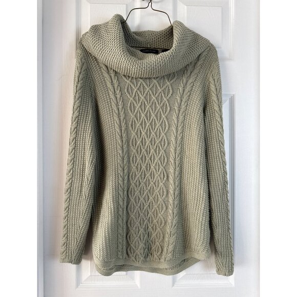 Cable Knit Sage Green Sweater With Cowl Neck Jeanne Pierre M 100% Cotton - Picture 2 of 7